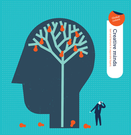 Head with a brain tree with bulbs as fruits. Vector illustration Eps10 file. Global colors. Text and Texture in separate layers.のイラスト素材