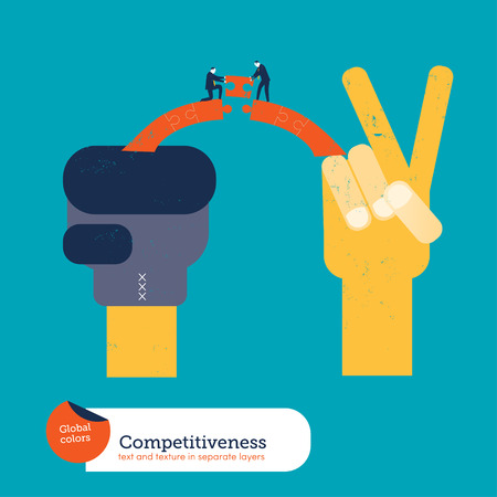 Bridge over a boxing glove to a peace hand with businessmen. Vector illustration Eps10 file. Global colors. Text and Texture in separate layers.のイラスト素材