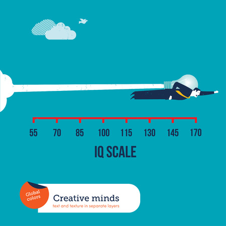 Businessman flying with a rocket bulb on an iq scale. Vector illustration Eps10 file. Global colors. Text and Texture in separate layers.のイラスト素材