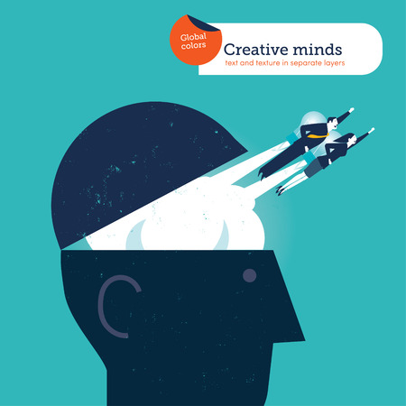 Businessman and woman flying out from a bulb head with rockets. Vector illustration Eps10 file. Global colors. Text and Texture in separate layers.のイラスト素材