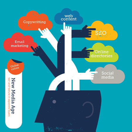 Head with hands showing clouds with online marketing concepts. Vector illustration Eps10 file. Global colors. Text and Texture in separate layers.のイラスト素材