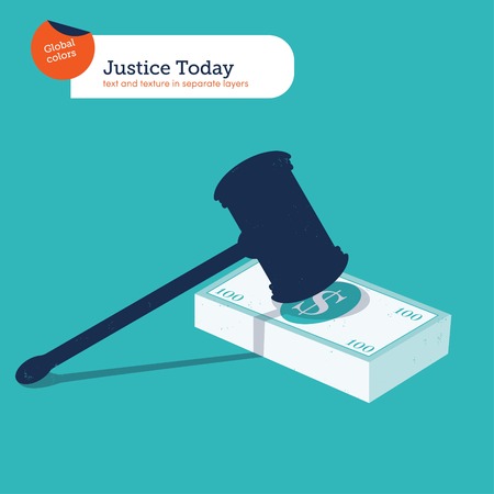Hammer of justice on a 100 dollar pile. Vector illustration Eps10 file. Global colors. Text and Texture in separate layers.のイラスト素材