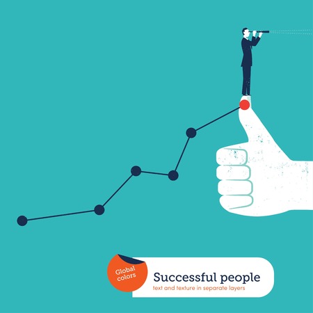 Businessman with spyglass on I like hand with ascending chart. Vector illustration file. Global colors. Text and Texture in separate layers.のイラスト素材