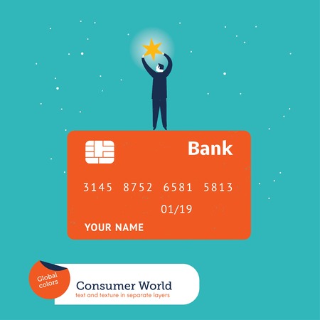 Businessman catching a star on top of a credit card. Vector illustration file. Global colors. Text and Texture in separate layers.のイラスト素材