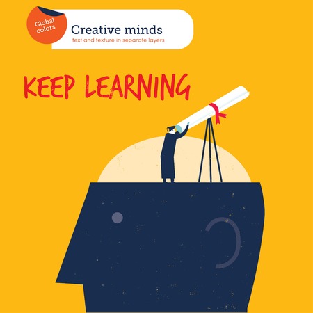 Businessman looking though a diploma on a head keep learning. Vector illustration file. Global colors. Text and Texture in separate layers.Vector illustration file. Global colors. Text and Texture in separate layers.のイラスト素材