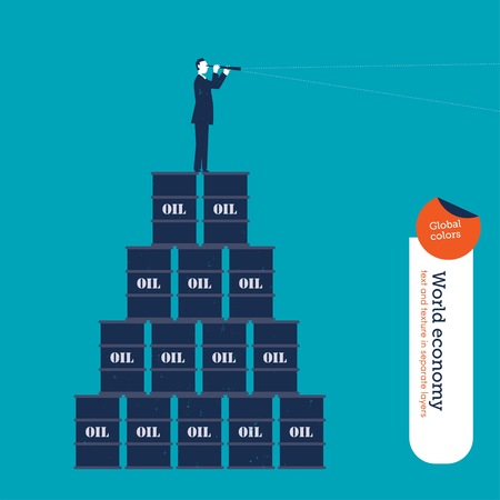 Businessman with spyglass standing in a pyramid of barrels of oilのイラスト素材