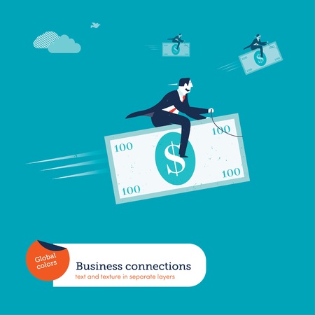 Businessmen riding 100 dollar bills. Text and Texture in separate layers.のイラスト素材