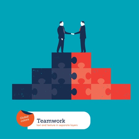 Businessmen shaking hands on a puzzle pyramid. Vector illustration Eps10 file. Global colors. Text and Texture in separate layers.のイラスト素材