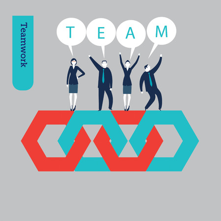 A group of businessmen and businesswomen standing on some hexagonsのイラスト素材