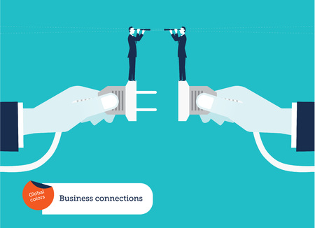 Businessmen's hand connecting socket and plug with two businessmen and spyglassのイラスト素材