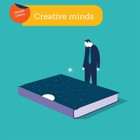 Businessman looking at a book cover with stars and moon. Vector illustration. Global colors.のイラスト素材