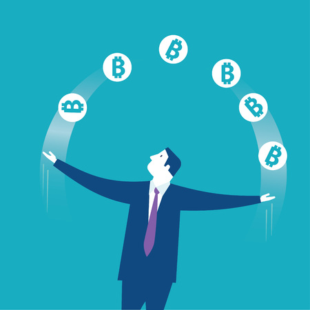 Acrobat. Businessman juggling with bitcoins icons. Concept business vector illustration - Vectorのイラスト素材
