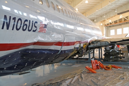 Charlotte, North Carolina - May 26, 2012:  The "Miracle on the Hudson" aircraft, Flight 1549, on display at the Carolinas Aviation Museum, Charlotte, NC, May 26, 2012. のeditorial素材