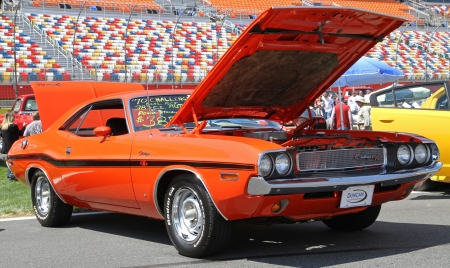 Concord, North Carolina - April 6, 2013:  A 1970 Dodge Challenger automobile on display at the Food Lion Auto Fair classic car show at Charlotte Motor Speedway in Concord, North Carolina.のeditorial素材