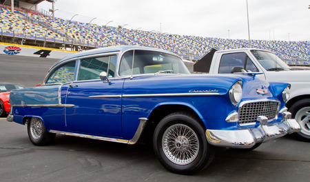 CONCORD, NC -- APRIL 11, 2015:  A 1955 Chevy Bel Air automobile on display at the Charlotte AutoFair classic car show held at Charlotte Motor Speedway.のeditorial素材
