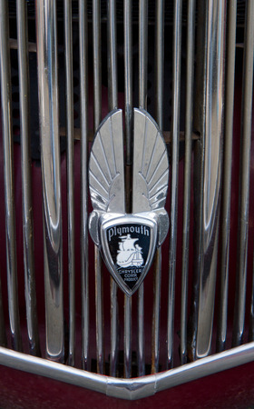 CONCORD NC - APRIL 11 2015:  Close up of a 1936 Plymouth automobile on display at the Charlotte AutoFair classic car show held at Charlotte Motor Speedway.のeditorial素材