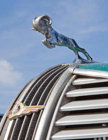 CONCORD NC - APRIL 11 2015:  Hood ornament of a 1937 Dodge automobile on display at the Charlotte AutoFair classic car show held at Charlotte Motor Speedway.のeditorial素材