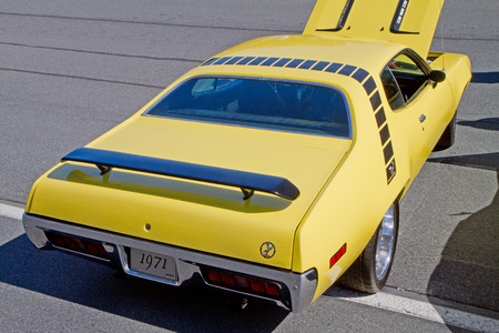 CONCORD NC  APRIL 11 2015:  A 1971 Plymouth Roadrunner automobile on display at the Charlotte AutoFair classic car show held at Charlotte Motor Speedway.のeditorial素材