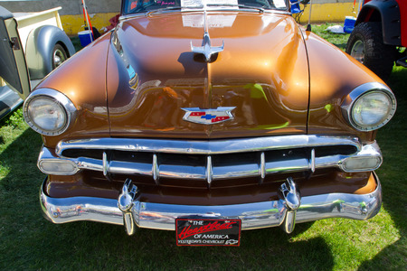 CONCORD NC - APRIL 11 2015:  A 1954 Chevrolet automobile on display at the Charlotte AutoFair classic car show held at Charlotte Motor Speedway.のeditorial素材