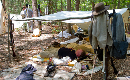 HUNTERSVILLE NC  JUNE 6 2015:  Example of a Confederate camp shelter or shebang on display during an...