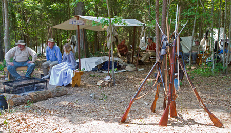 HUNTERSVILLE NC  JUNE 6 2015:  Example of a Civil Warera military camp on display during an American Civil War battle reenactment at Historic Latta Plantation.のeditorial素材
