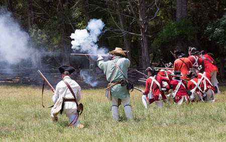 MCCONNELLS, SC - July 11, 2015:  American Revolutionary War reenactors recreate the Battle of Huck's Defeat at Historic Brattonsville.  The Patriot victory was originally fought nearby on July 12, 1780.のeditorial素材