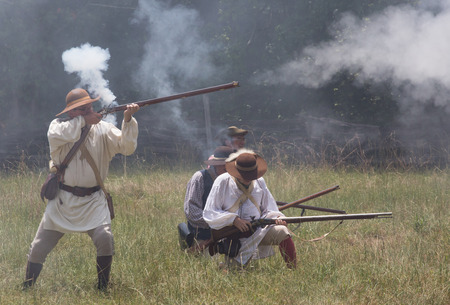 MCCONNELLS, SC - July 11, 2015:  American Revolutionary War reenactors recreate the Battle of Huck's Defeat at Historic Brattonsville.  The Patriot victory was originally fought nearby on July 12, 1780.のeditorial素材