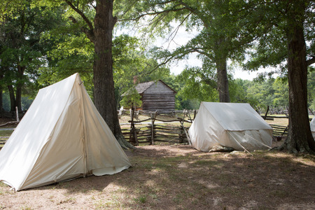 MCCONNELLS, SC - July 11, 2015:  American Revolutionary War encampment during a reenactment of the Battle of Huck's Defeat at Historic Brattonsville.  The Patriot victory was originally fought nearby on July 12, 1780.のeditorial素材