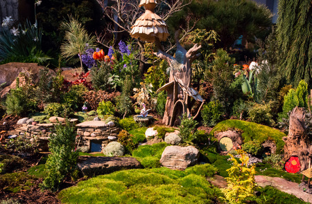 CHARLOTTE, NC - February 28, 2016:  A display of landscape architecture with dramatic night lighting at the Southern Spring Home  Garden Show.のeditorial素材