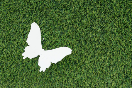 Artificial grass with white butterflyの写真素材