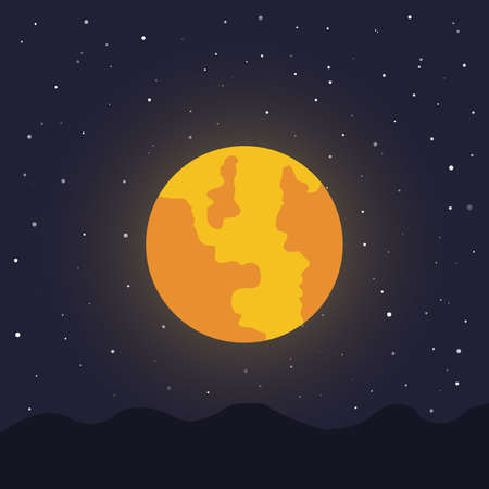 Full moon outer space universe planet vector illustration, large yellow, dark spots on the surface, gray satellite, with dark spots, stars flicker aroundのイラスト素材