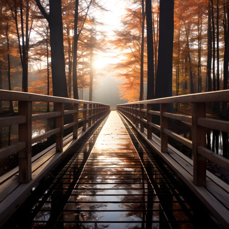 Wooden bridge in the autumn forest. Beautiful nature scene with sun rays AI Generatedの素材