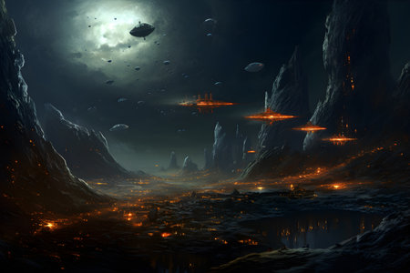 Futuristic spaceship flying close to Jupiter, Fantastic spacecraft of moonlight, 3D illustration. Generative AIの素材