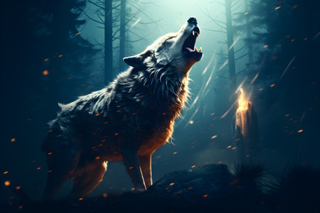 Wolf howling in the dark forest. Halloween concept. 3D Rendering. Generative AIの素材