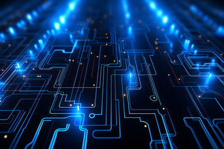 Blue Circuit board background. Technology and science concept. Futuristic Cyberspace connectivity design. Generative AIの素材