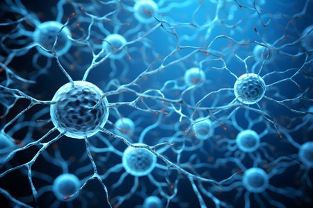3D illustration of Electron microscopy of brain neuron cell, close-up view. Generative AIの素材