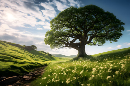 Lonely tree on a meadow in the morning light. Generative AIの素材