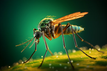 Mosquito close-up on a green background. 3d rendering. Generative AIの素材