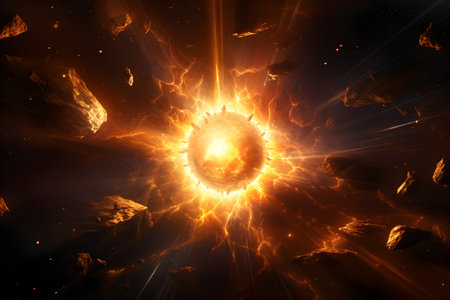 Scene of sun explosion. 3D illustration of abstract fractals for creative design looks like the planet. Generative AIの素材