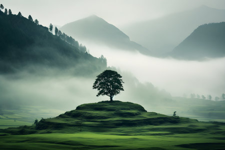 Lonely tree on a green meadow in the mountains. Generative AIの素材