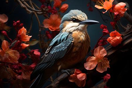 A beautiful bird sitting on a branch of a tree with flowers. Generative AIの素材