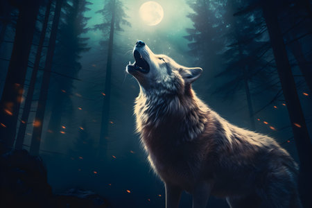 Wolf in the forest at full moonlight. Halloween concept. 3D Rendering. Generative AI