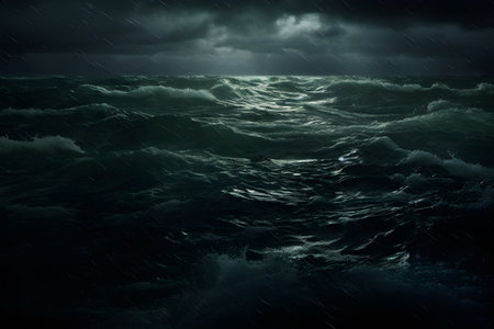 Dark stormy sea with stormy waves and rain. 3d rendering, Generative AIの素材