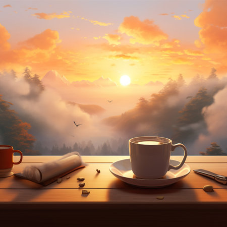 Cup of coffee and a book on the wooden table with a beautiful landscape background. Generative AIの素材
