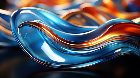 3D rendering of abstract blue and orange wavy background with reflection. Generative AIの素材