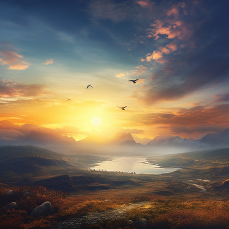 Fantasy landscape with mountains, lakes, clouds, and birds at sunset. Generative AIの素材