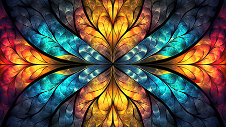 Multicolored symmetrical pattern in stained-glass window style. Computer-generated graphics. Generative AIの素材