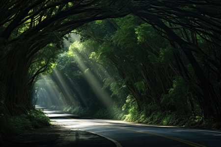 Road through the forest with light rays passing through the tree tunnel. Generative AIの素材