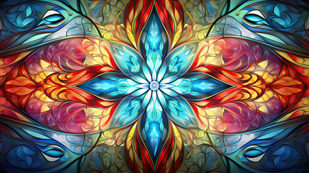 Multicolored symmetrical pattern in stained-glass window style. Computer-generated graphics. Generative AIの素材