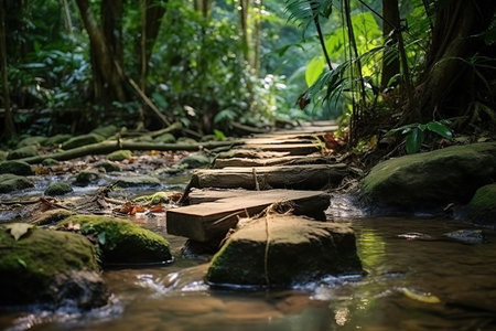 Wooden bridge over the stream in tropical rainforest. Nature background. Generative AIの素材